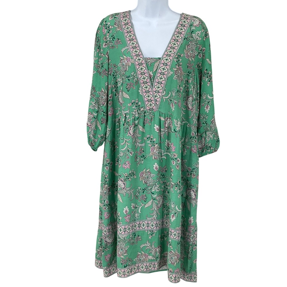 J. Jill Dress Womens M Tall Green Floral Paisley Boho Classic V-Neck Botanical